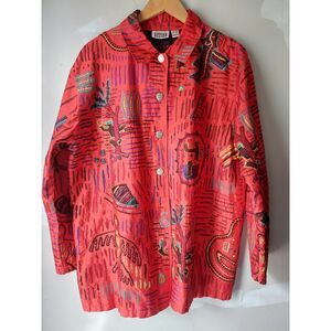 Chico's Design Women's 2 Embroidered Red 100% Silk Button Front Jacket P0873